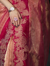 Banarasee Pure Tissue Silk Saree With Applique Cutwork Floral Embroidery Border-Pink (Gold Tone)