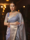 Banarasee Organza Dual Color Plain Saree With Zari Border Design-Pastel Blue