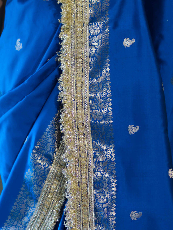 Banarasee Handloom Semi Silk Saree With Zari Buti Design Border & Lace-Blue