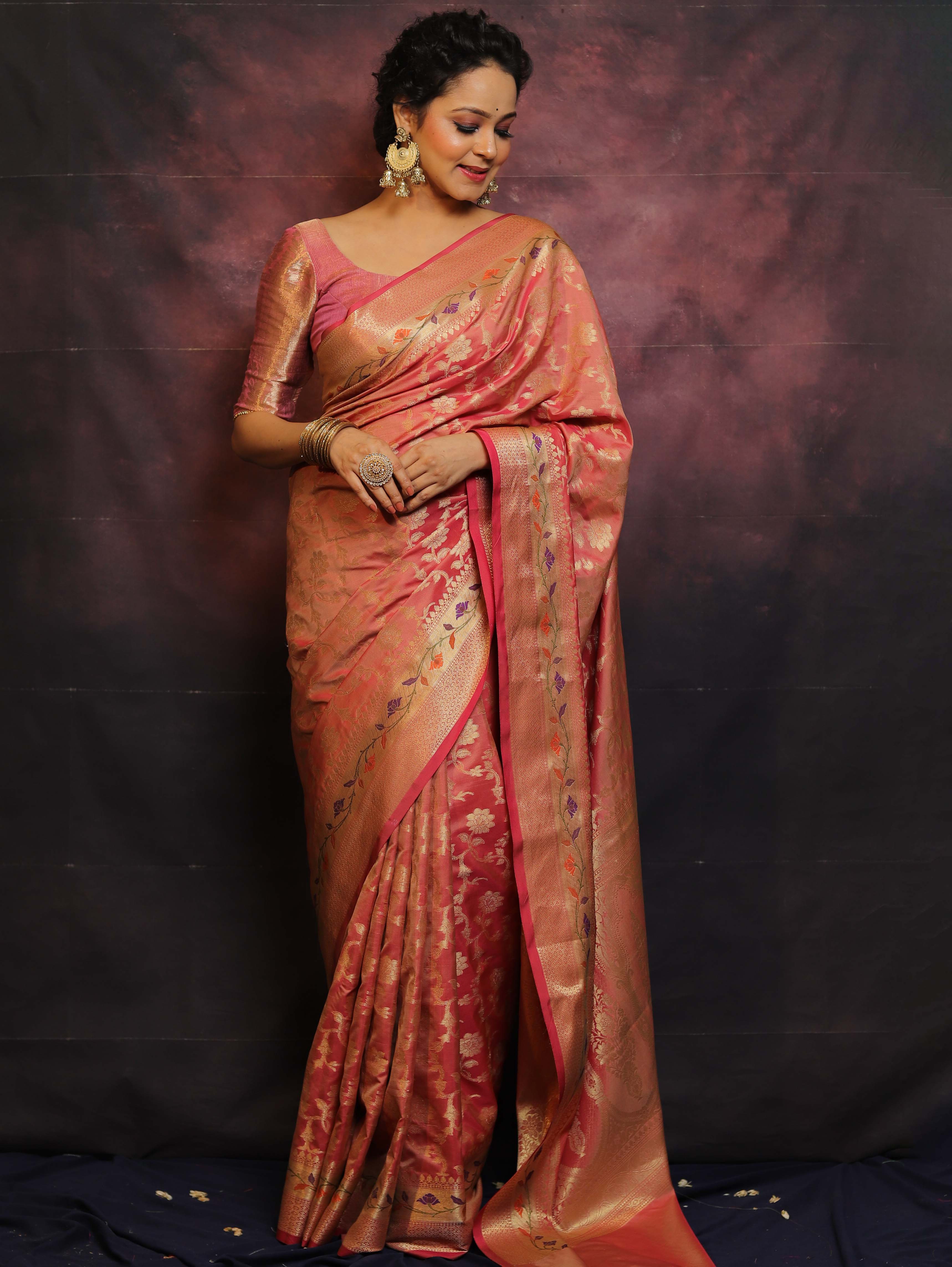 Banarasee Handwoven Semi Silk Saree With Zari Jaal Design-Peach