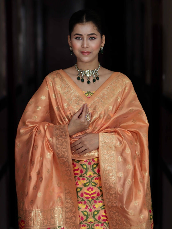 Banarasee Semi-Silk Zari & Resham Work Salwar Kameez Fabric With Dupatta Set-Peach