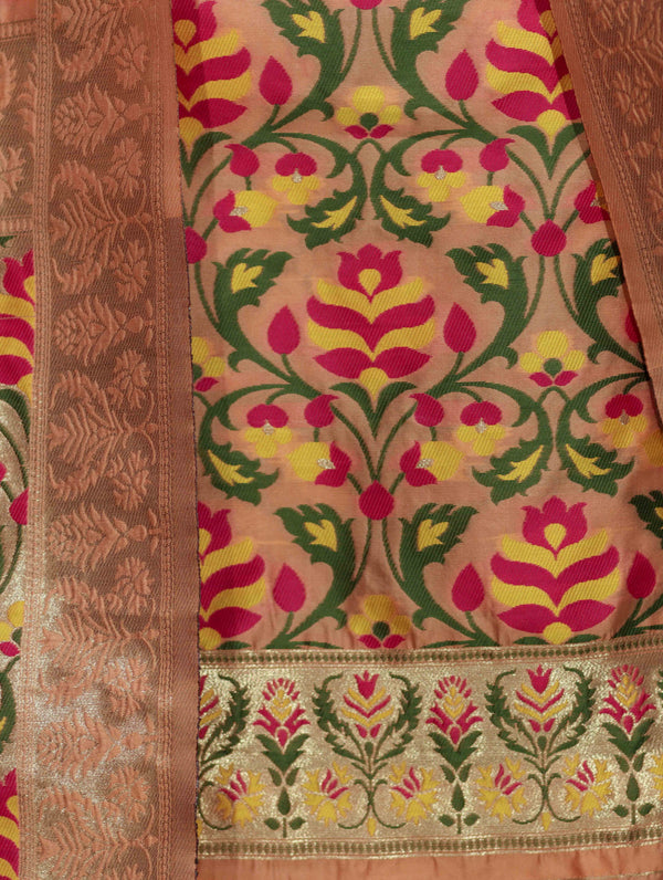 Banarasee Semi-Silk Zari & Resham Work Salwar Kameez Fabric With Dupatta Set-Peach