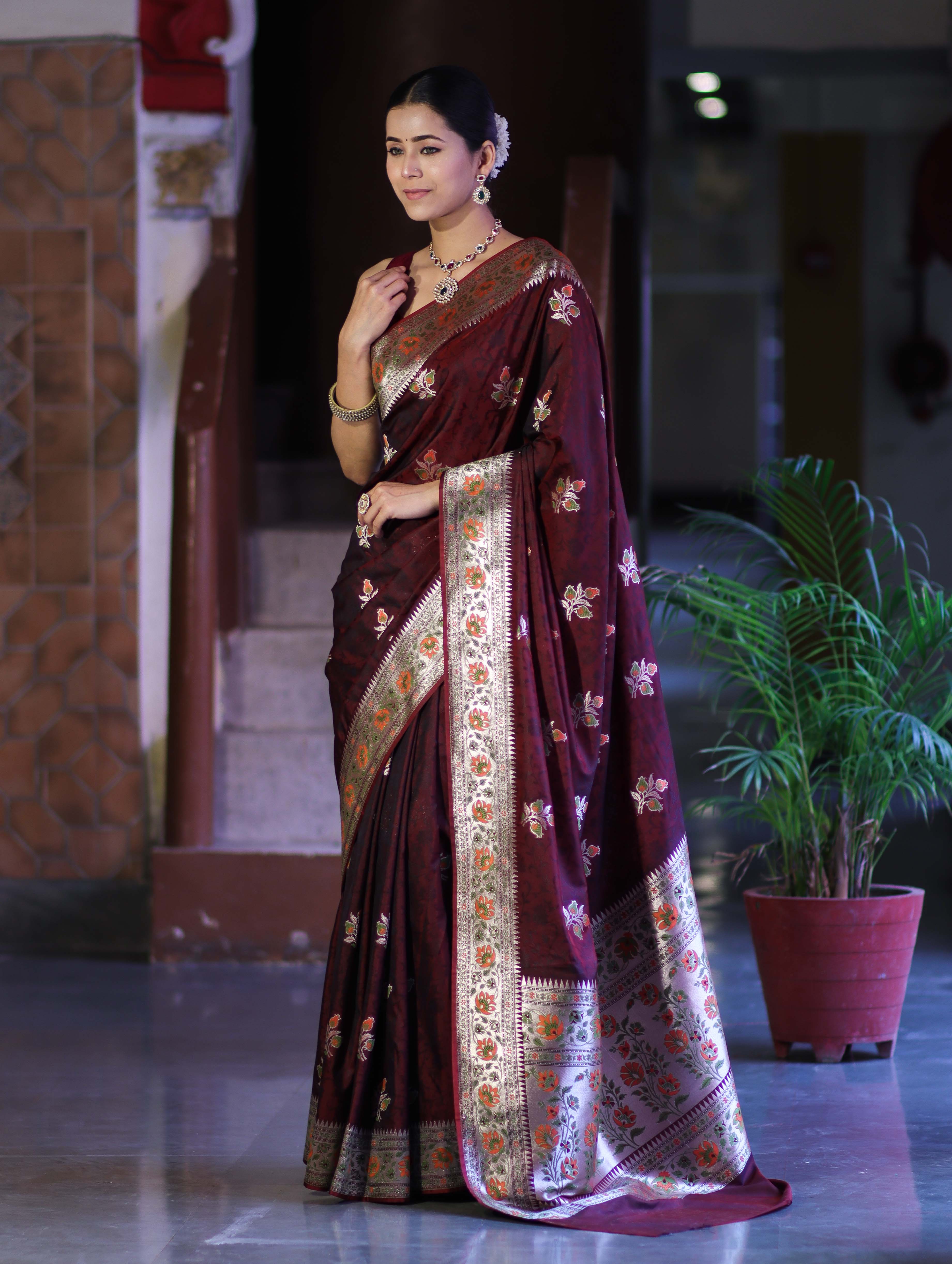 Banarasee Handloom Semi Katan Meena Work Saree-Burgundy