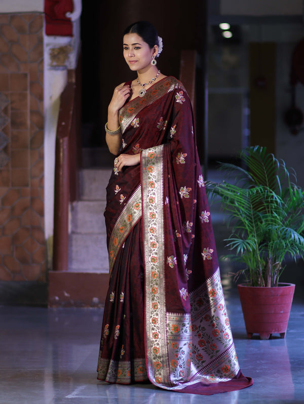 Banarasee Handloom Semi Katan Meena Work Saree-Burgundy