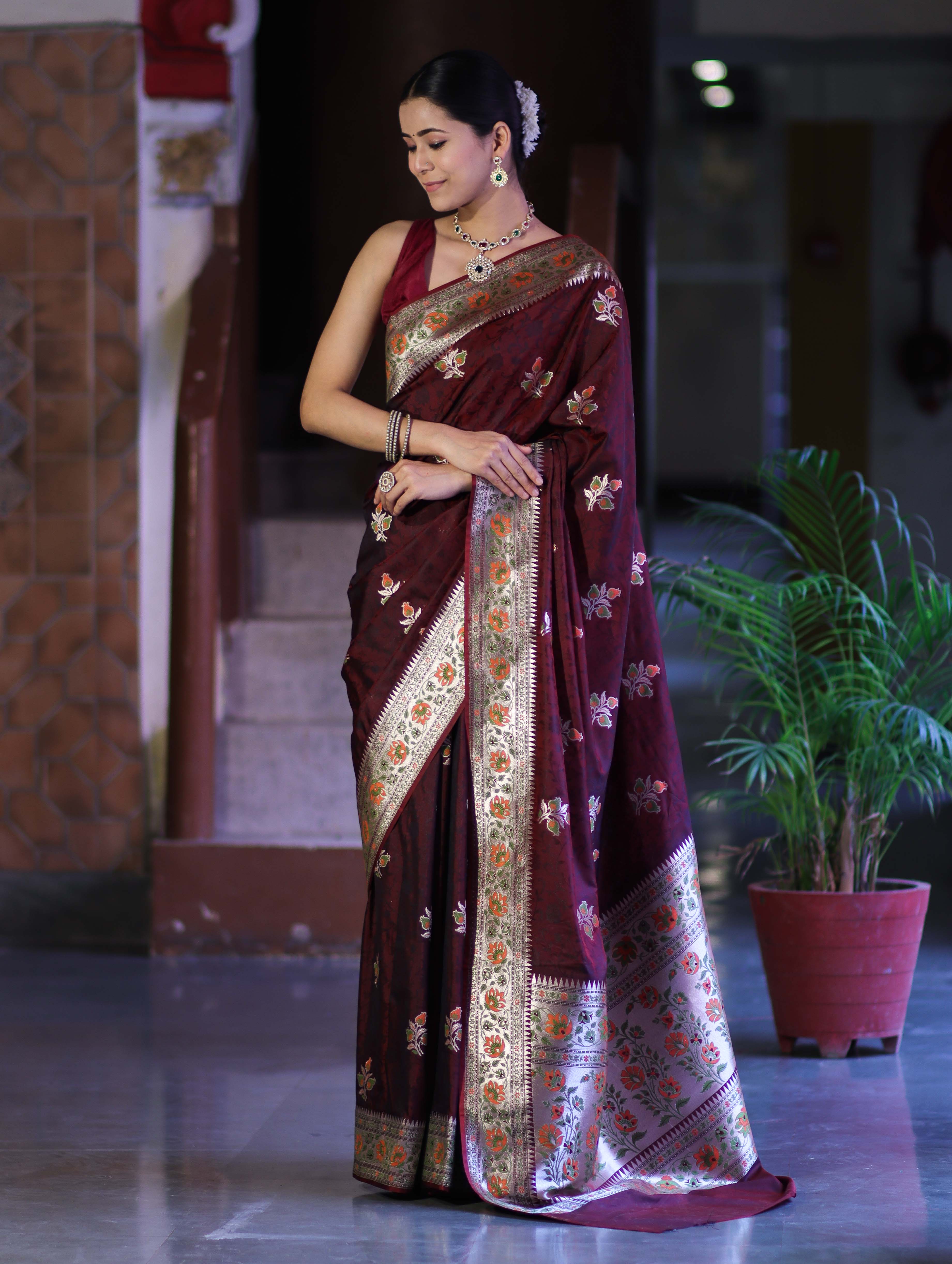 Banarasee Handloom Semi Katan Meena Work Saree-Burgundy