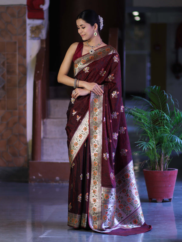 Banarasee Handloom Semi Katan Meena Work Saree-Burgundy