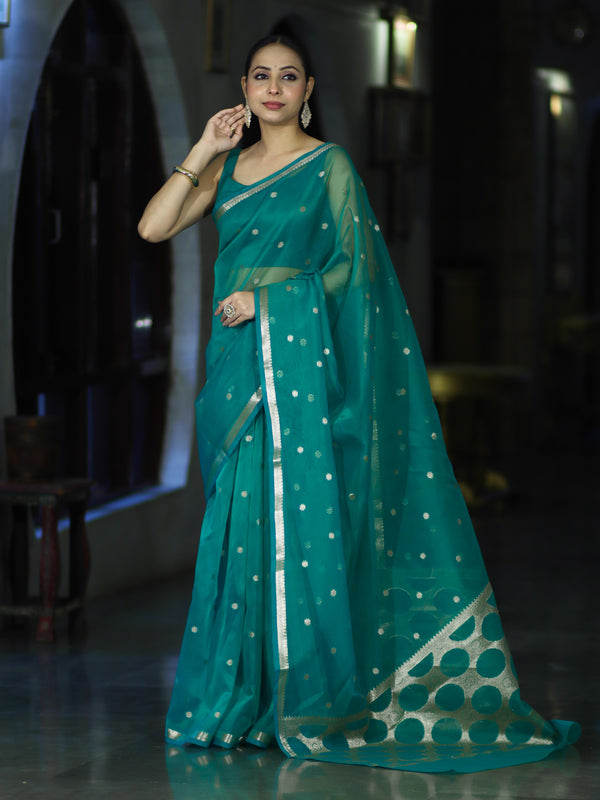 Banarasee Handloom Tissue Saree With Zari Buti Design & Border-Green