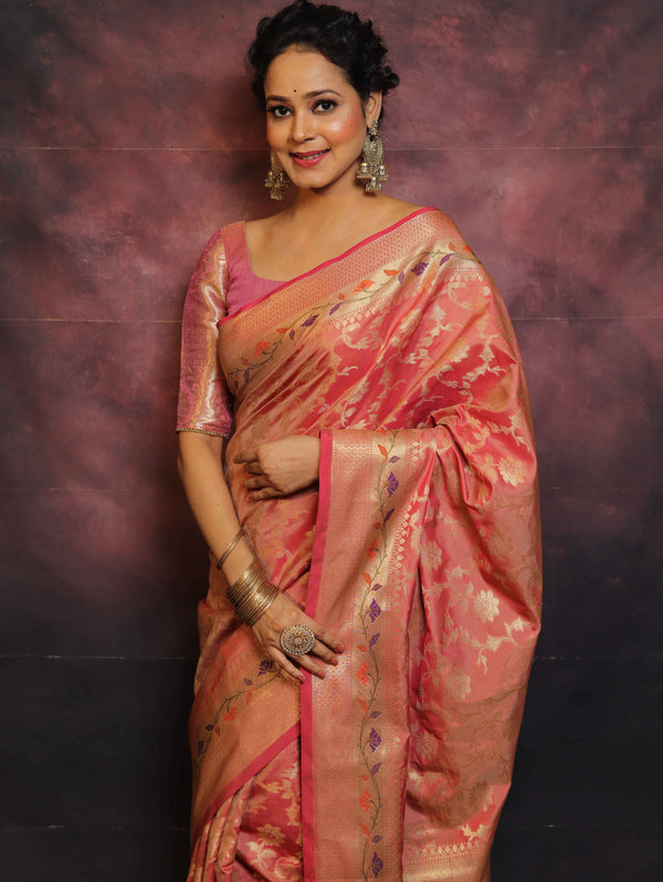 Banarasee Handwoven Semi Silk Saree With Zari Jaal Design-Peach