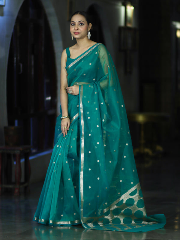 Banarasee Handloom Tissue Saree With Zari Buti Design & Border-Green