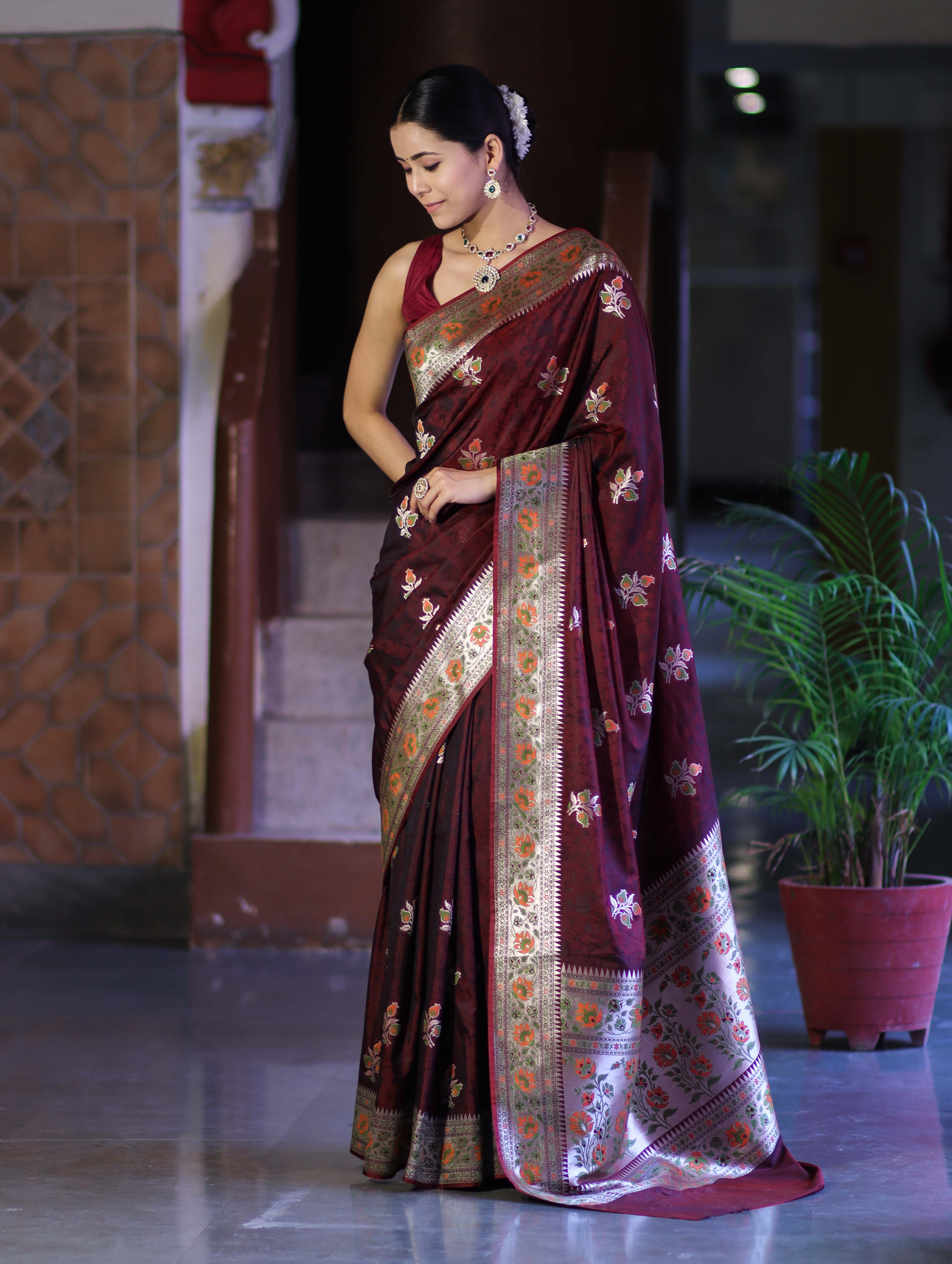 Banarasee Handloom Semi Katan Meena Work Saree-Burgundy