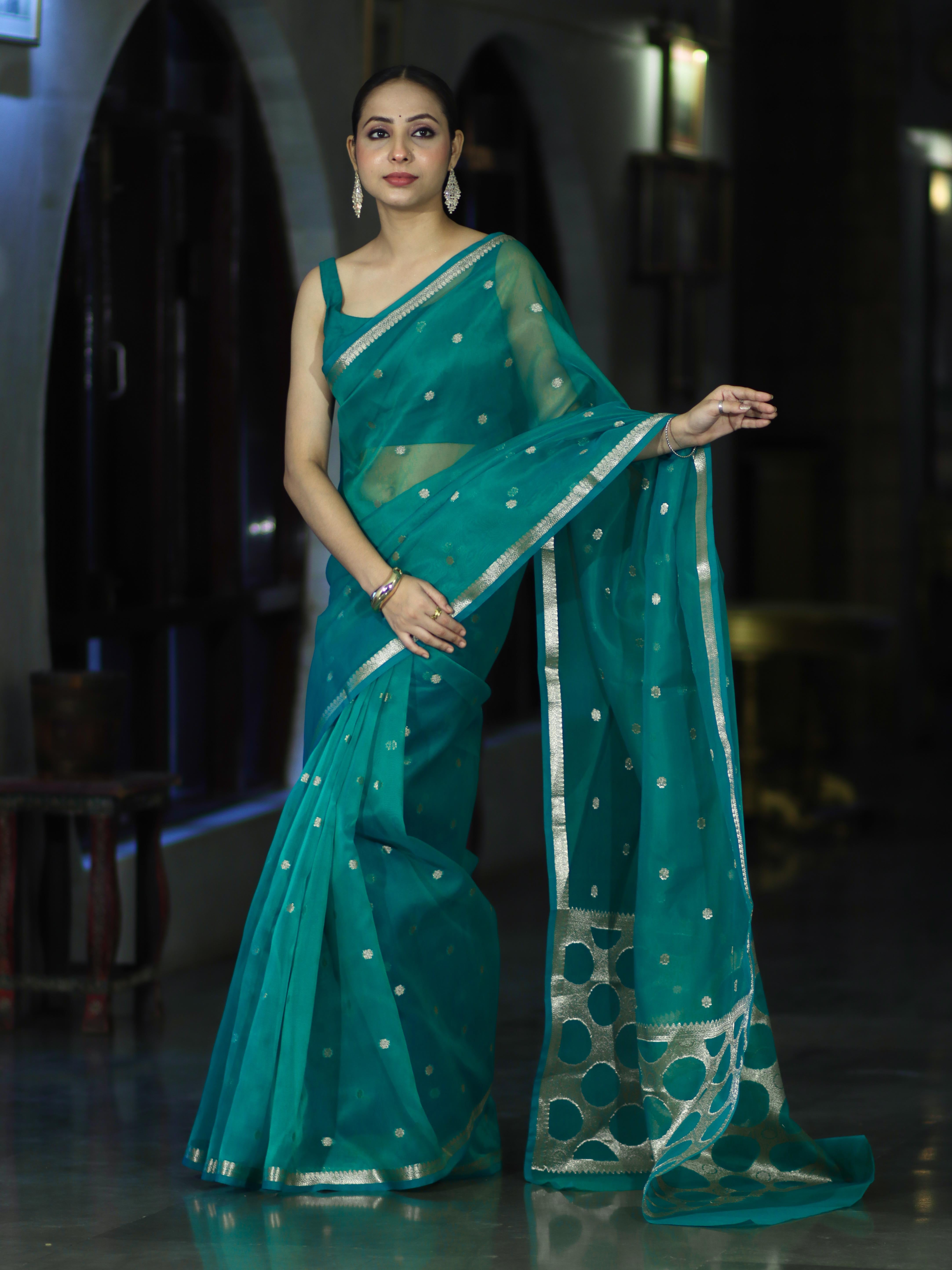 Banarasee Handloom Tissue Saree With Zari Buti Design & Border-Green