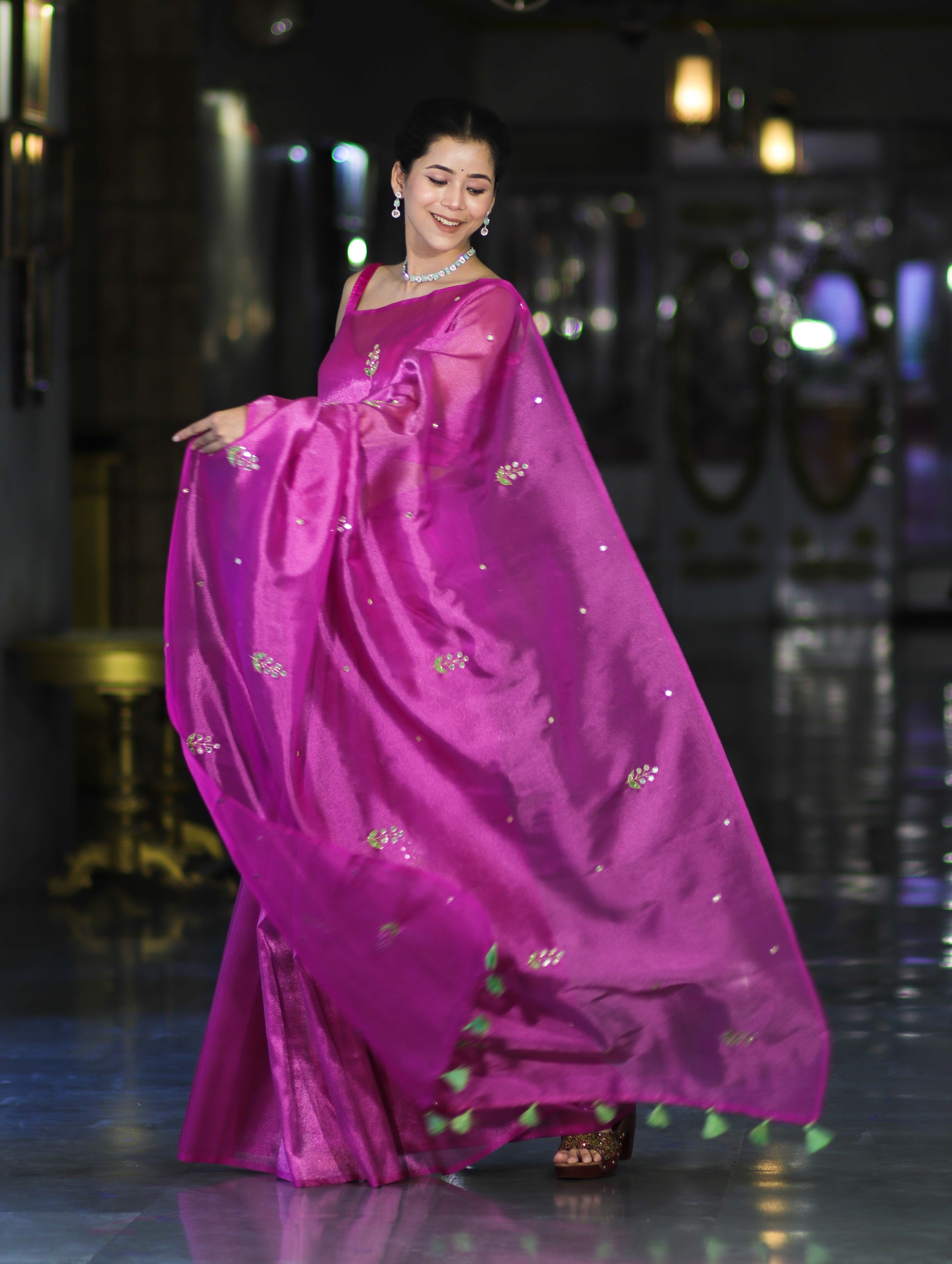 Banarasee Handwoven Tissue Saree With Floral Motifs & Mirror Work-Pink