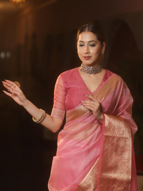 Banarasee Organza Dual Color Plain Saree With Zari Border Design-Pink