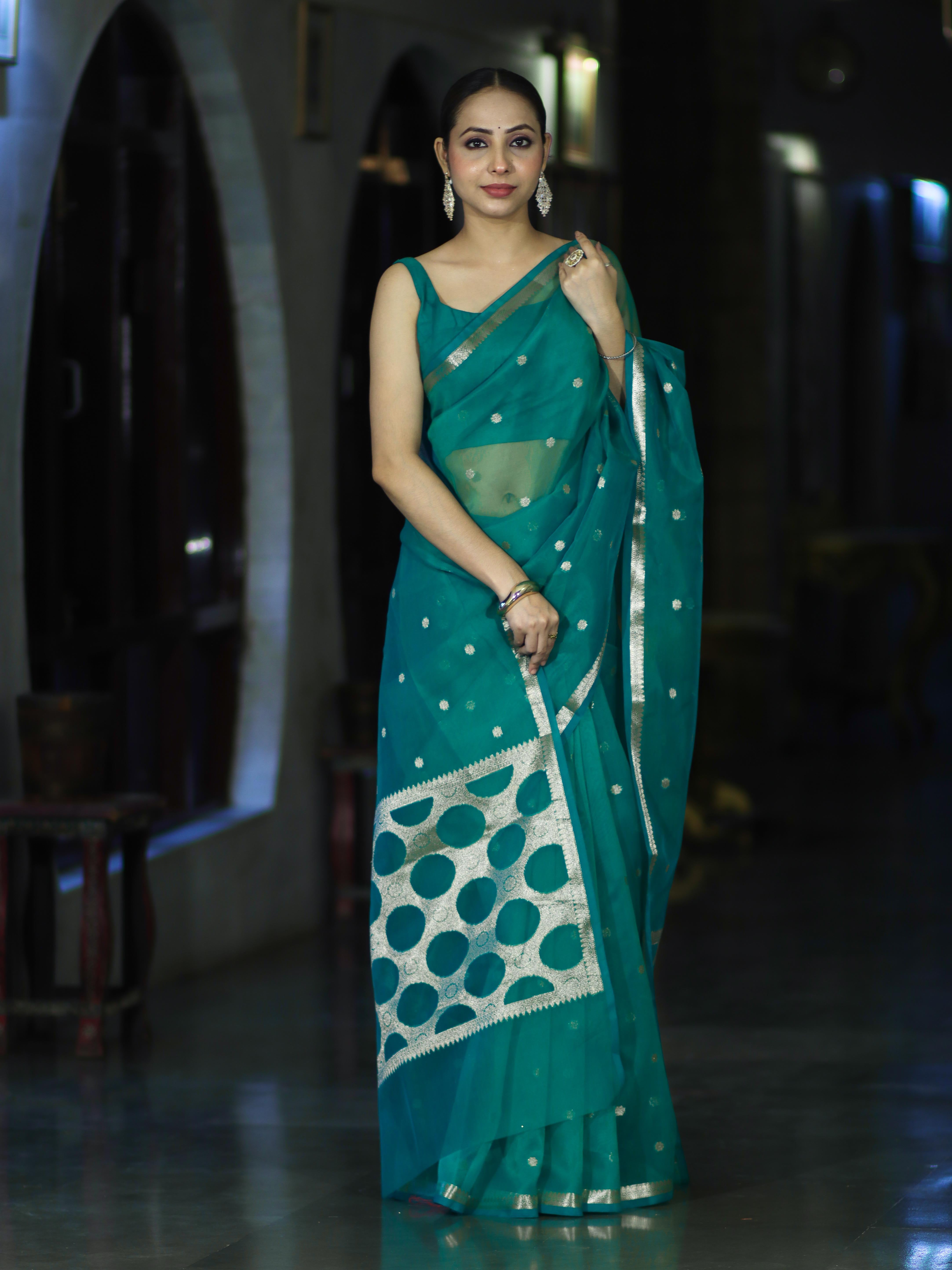 Banarasee Handloom Tissue Saree With Zari Buti Design & Border-Green