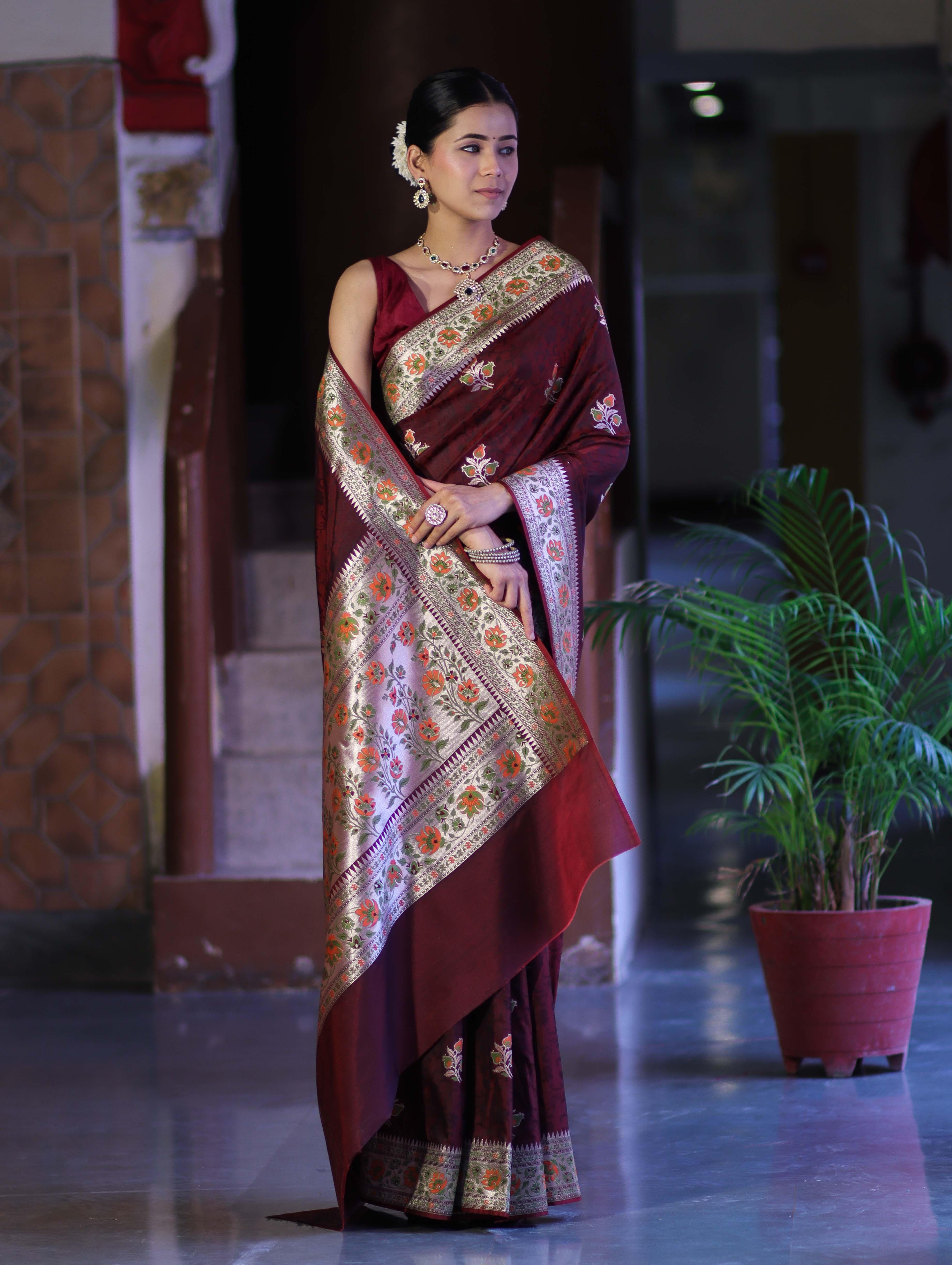 Banarasee Handloom Semi Katan Meena Work Saree-Burgundy