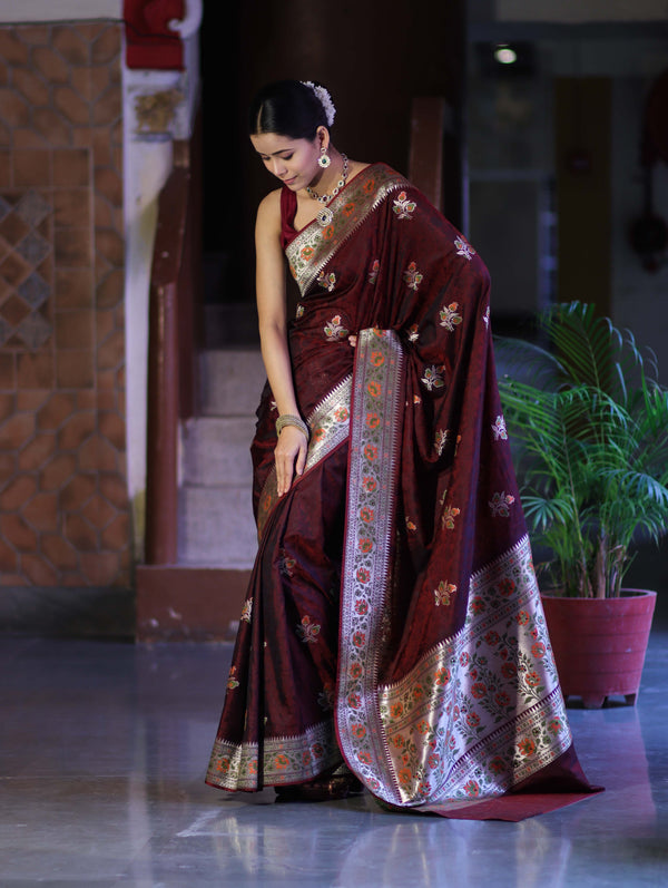 Banarasee Handloom Semi Katan Meena Work Saree-Burgundy