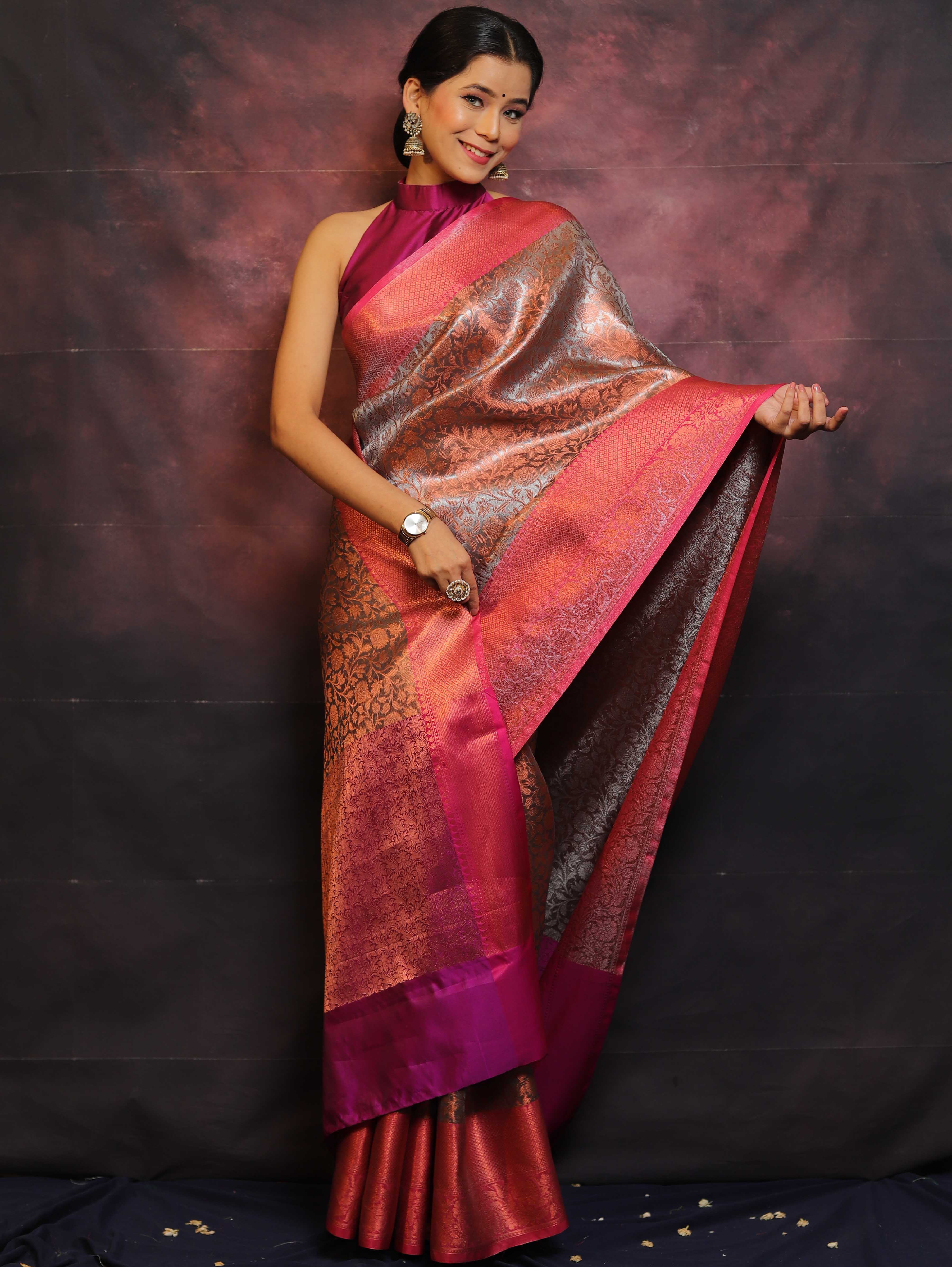 Banarasee Handwoven Broad Border Zari Jaal Design Tissue Saree-Grey & Pink