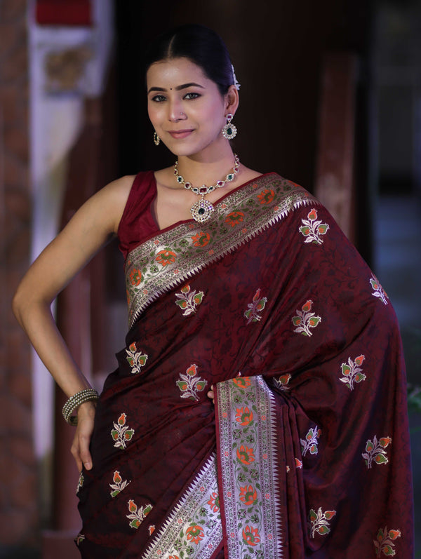 Banarasee Handloom Semi Katan Meena Work Saree-Burgundy