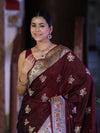 Banarasee Handloom Semi Katan Meena Work Saree-Burgundy