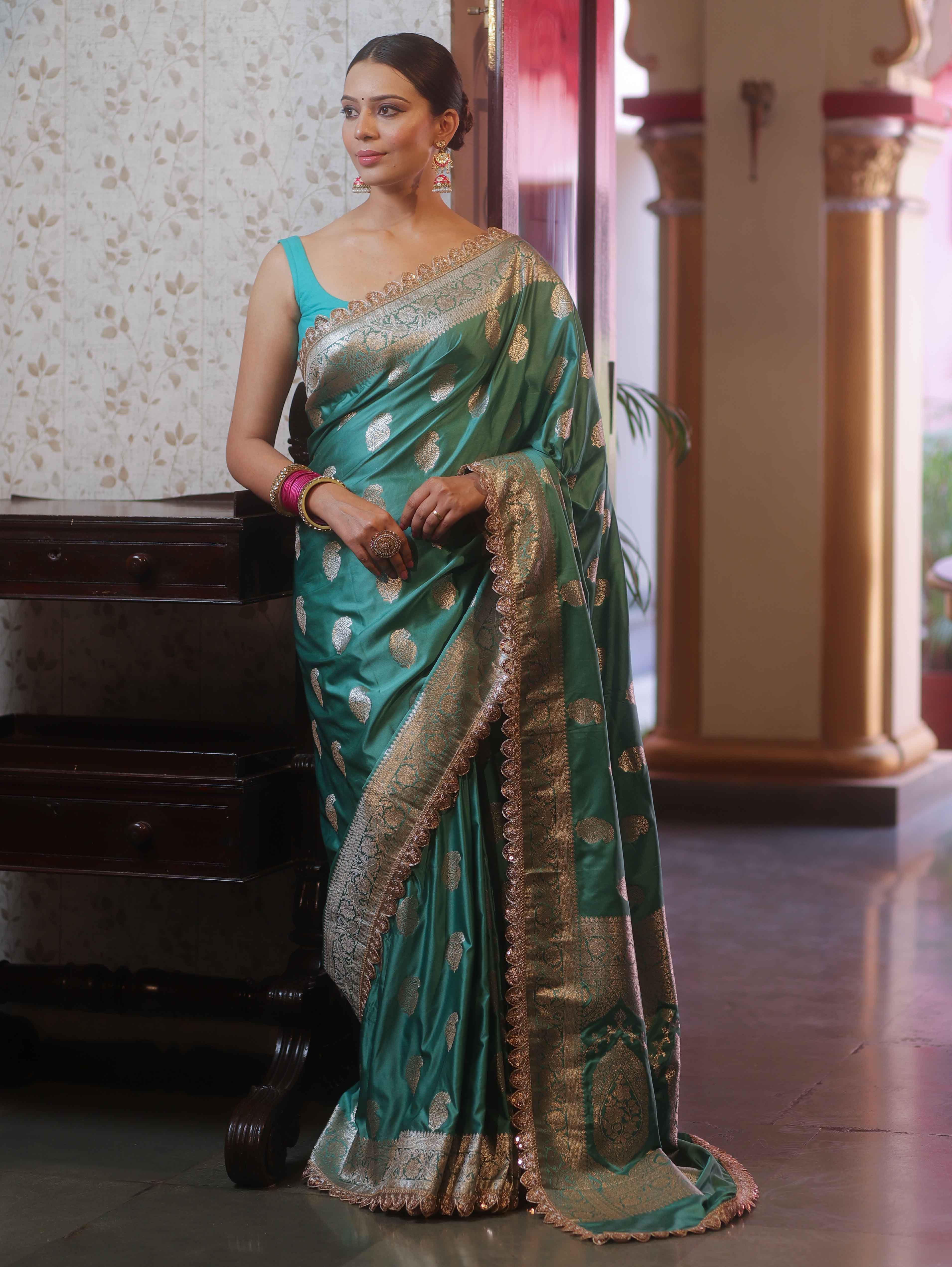 Banarasee Handloom Mashru Silk Saree Zari Buta & Border With Lace-Mint Green