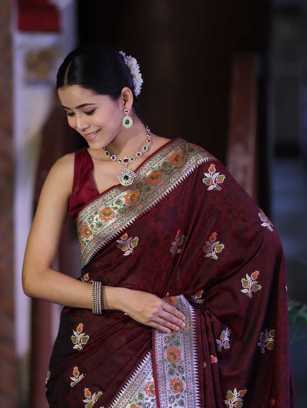 Banarasee Handloom Semi Katan Meena Work Saree-Burgundy