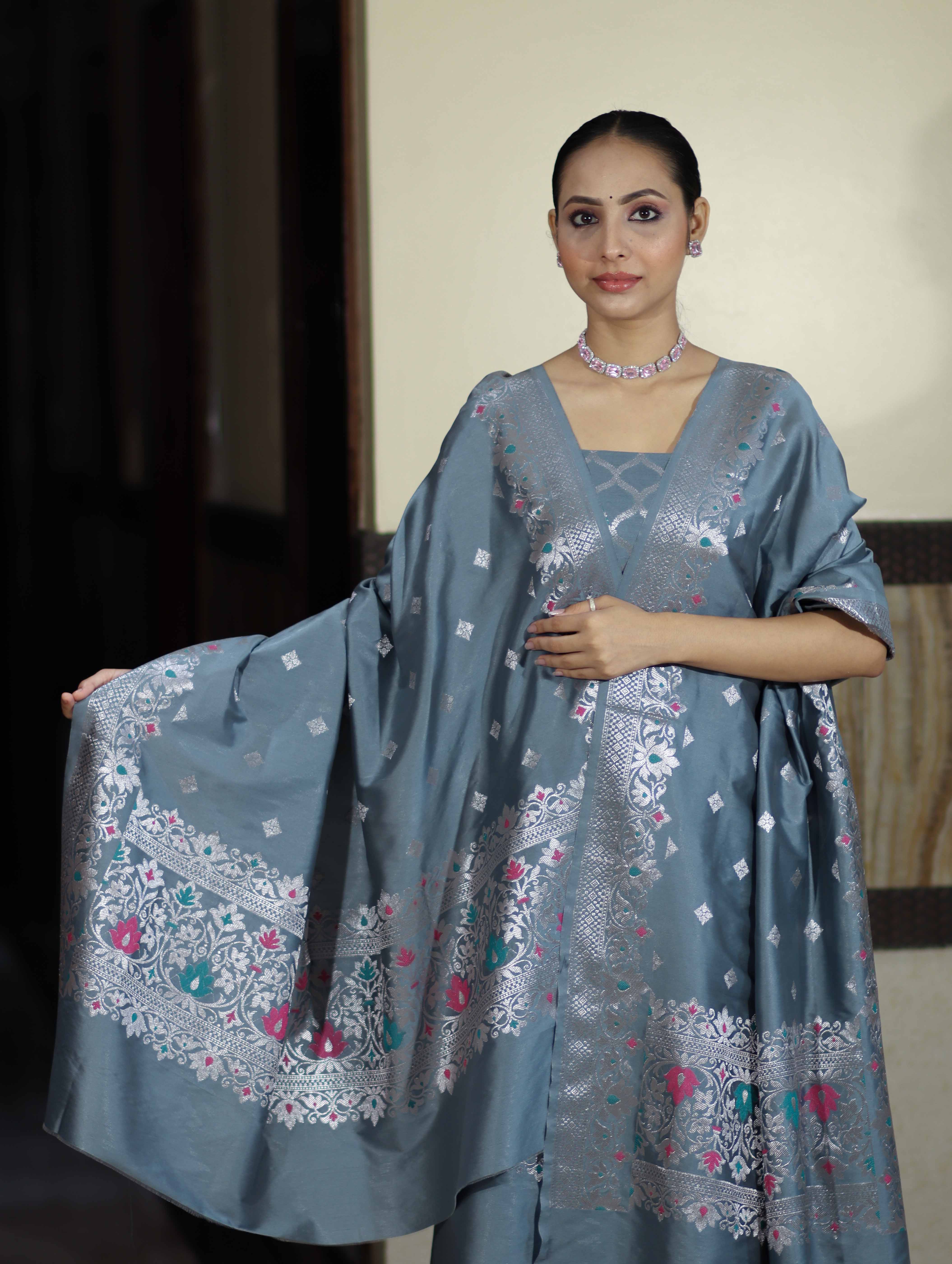 Banarasee Semi-Silk Silver Zari Work Salwar Kameez Fabric With Dupatta Set-Slate Blue