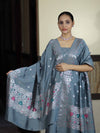 Banarasee Semi-Silk Silver Zari Work Salwar Kameez Fabric With Dupatta Set-Slate Blue