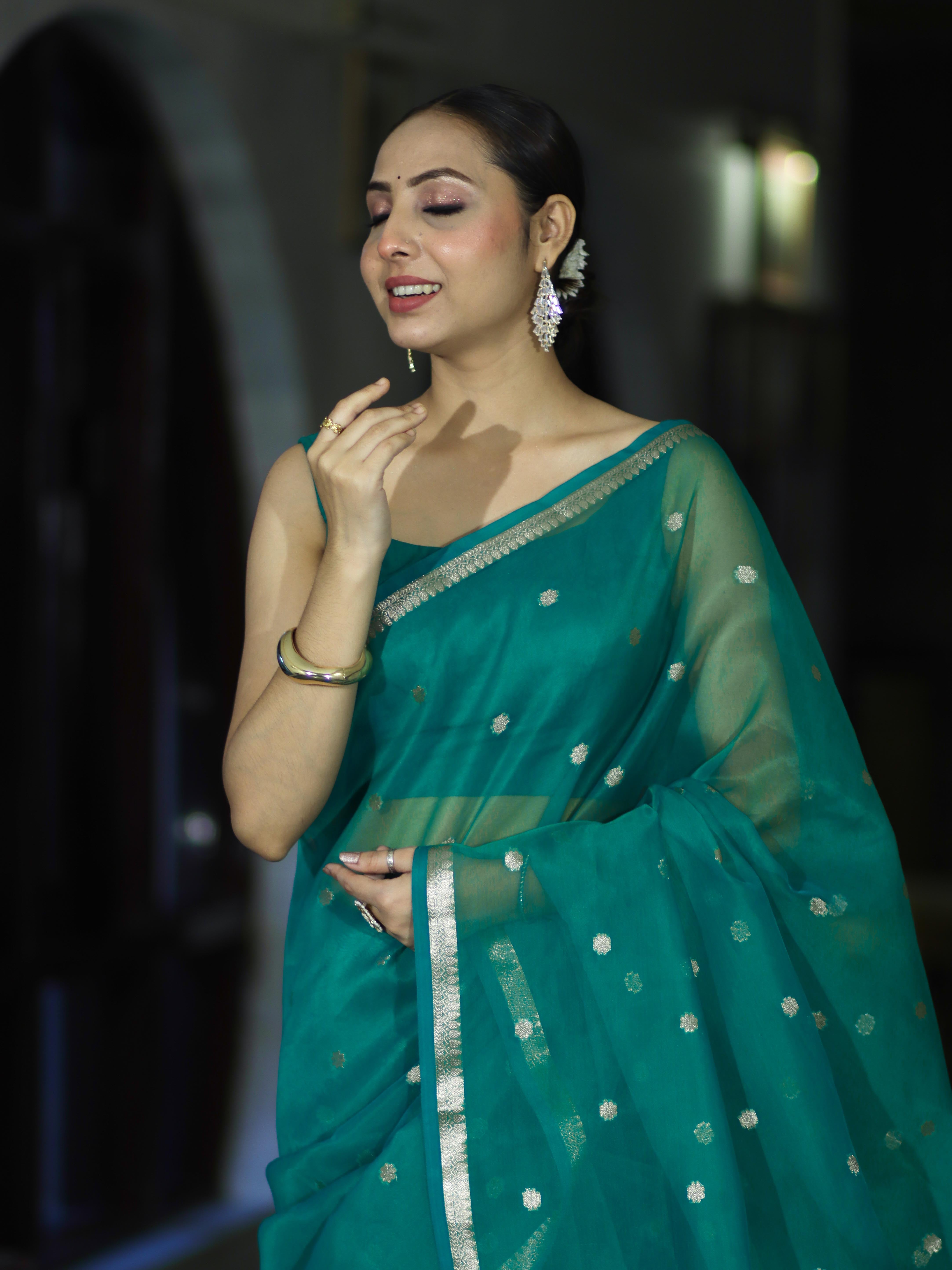 Banarasee Handloom Tissue Saree With Zari Buti Design & Border-Green