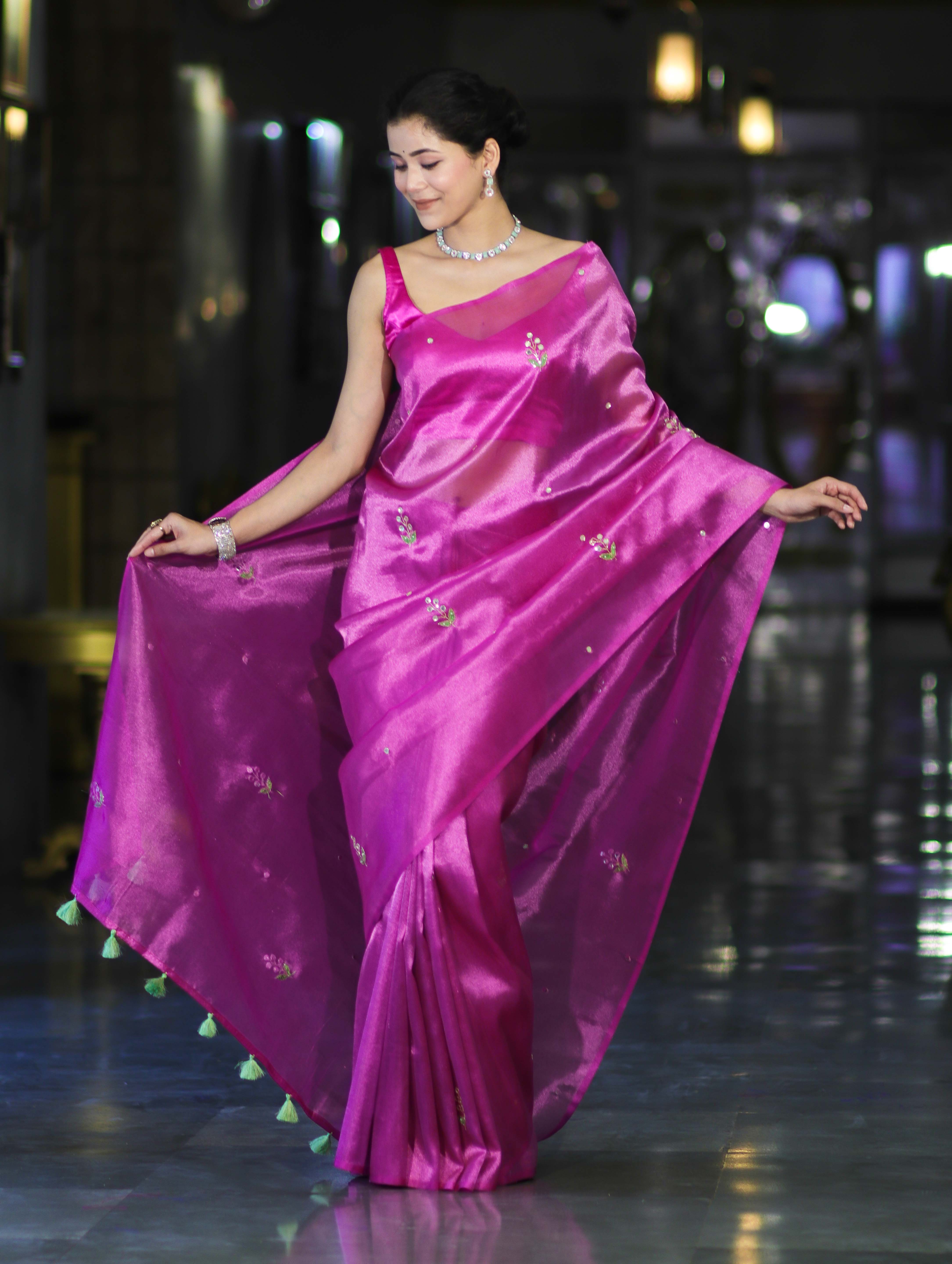 Banarasee Handwoven Tissue Saree With Floral Motifs & Mirror Work-Pink