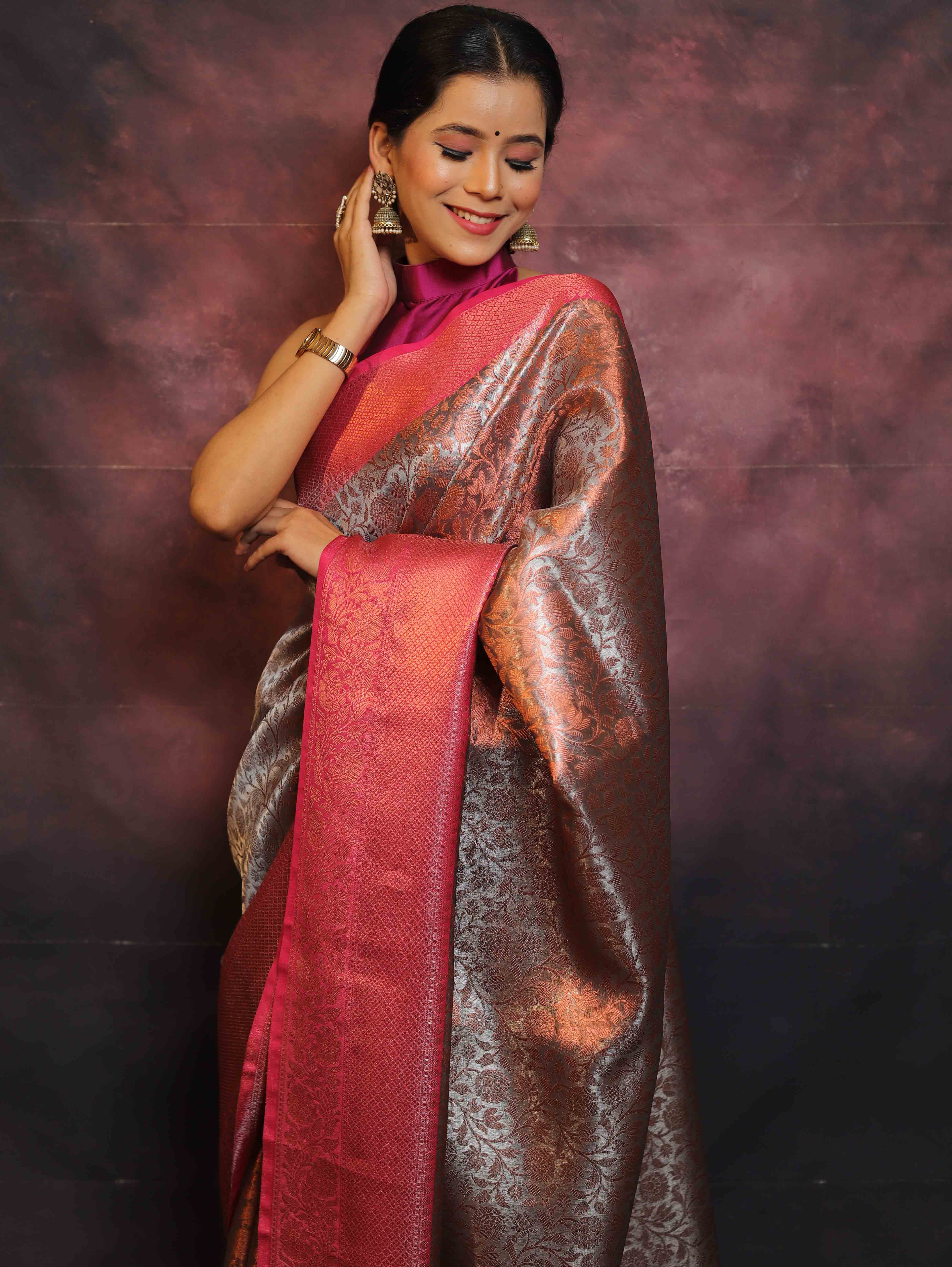 Banarasee Handwoven Broad Border Zari Jaal Design Tissue Saree-Grey & Pink