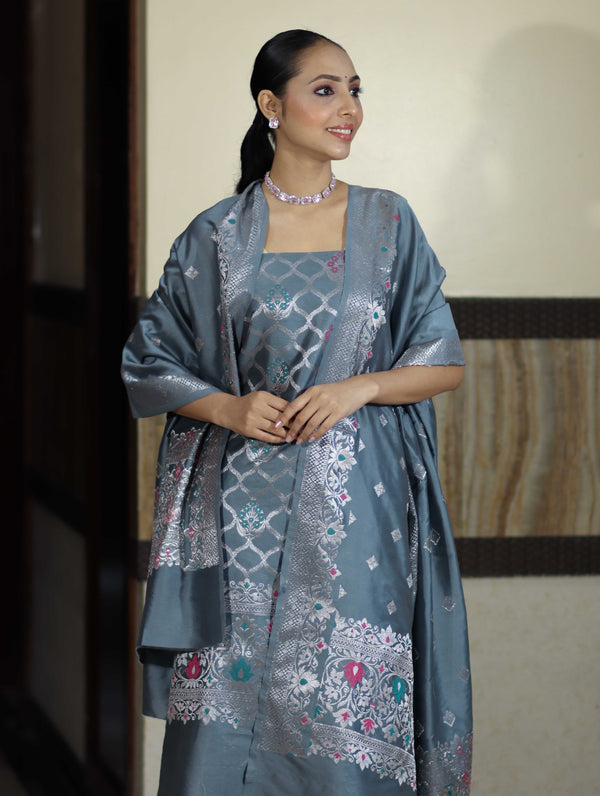 Banarasee Semi-Silk Silver Zari Work Salwar Kameez Fabric With Dupatta Set-Slate Blue