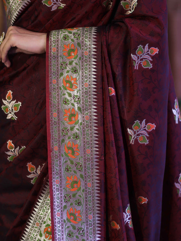Banarasee Handloom Semi Katan Meena Work Saree-Burgundy