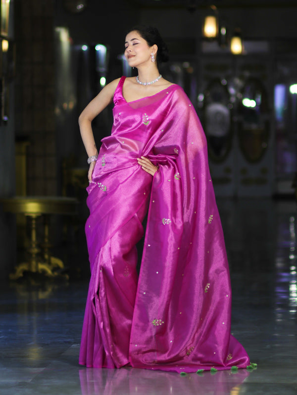 Banarasee Handwoven Tissue Saree With Floral Motifs & Mirror Work-Pink