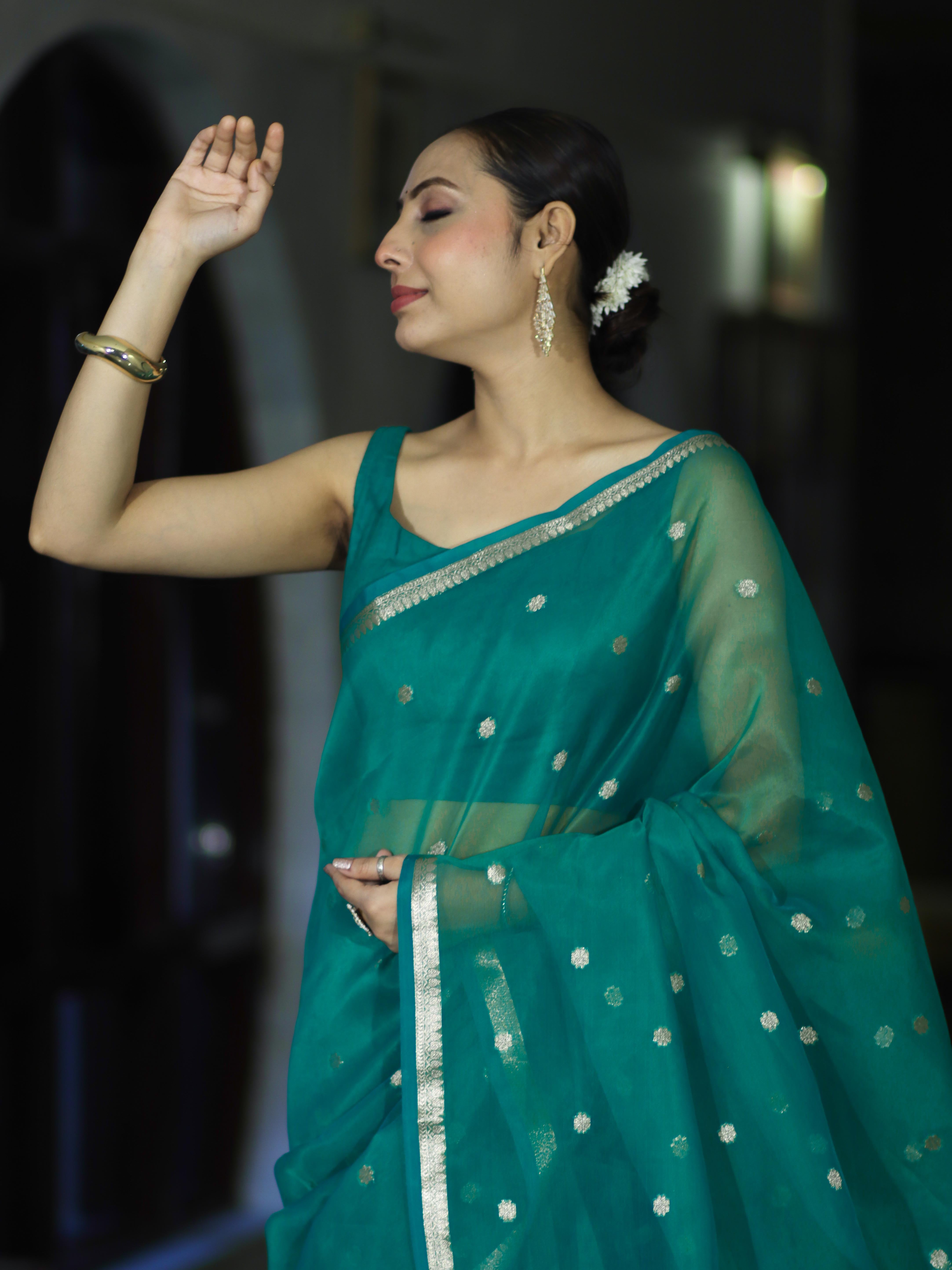 Banarasee Handloom Tissue Saree With Zari Buti Design & Border-Green