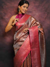 Banarasee Handwoven Broad Border Zari Jaal Design Tissue Saree-Grey & Pink