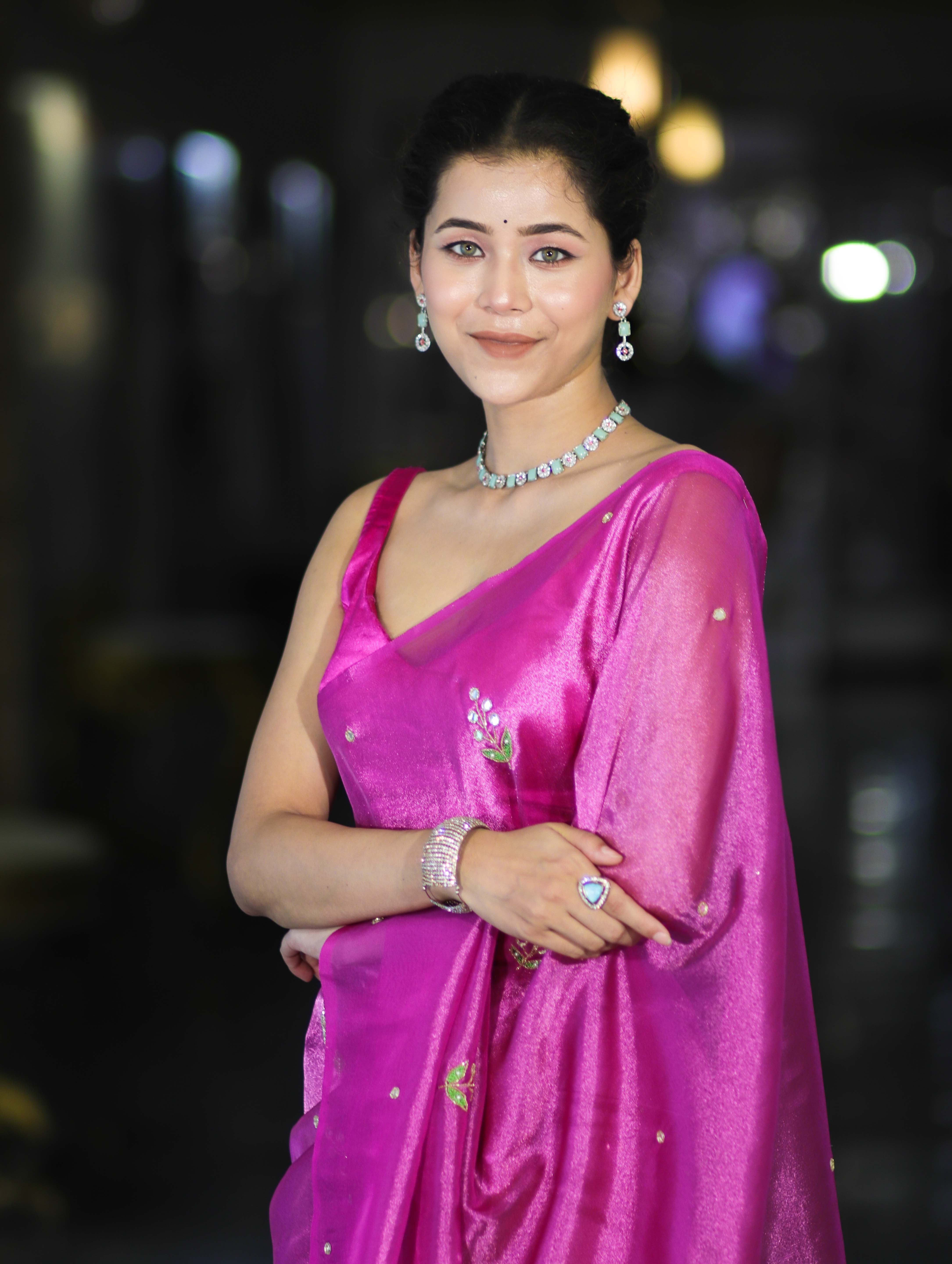 Banarasee Handwoven Tissue Saree With Floral Motifs & Mirror Work-Pink