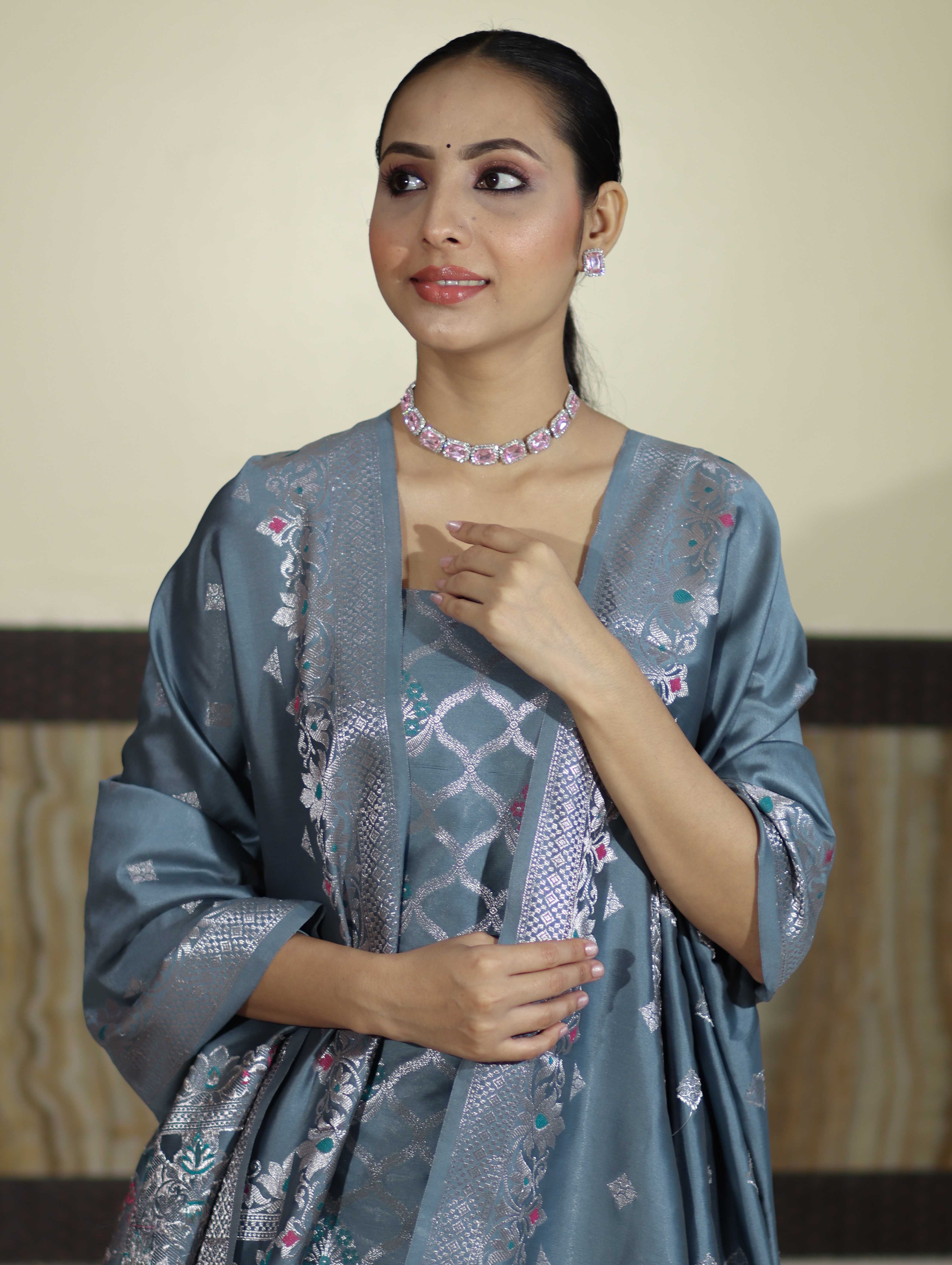 Banarasee Semi-Silk Silver Zari Work Salwar Kameez Fabric With Dupatta Set-Slate Blue
