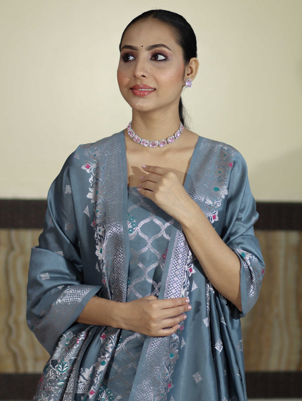 Banarasee Semi-Silk Silver Zari Work Salwar Kameez Fabric With Dupatta Set-Slate Blue
