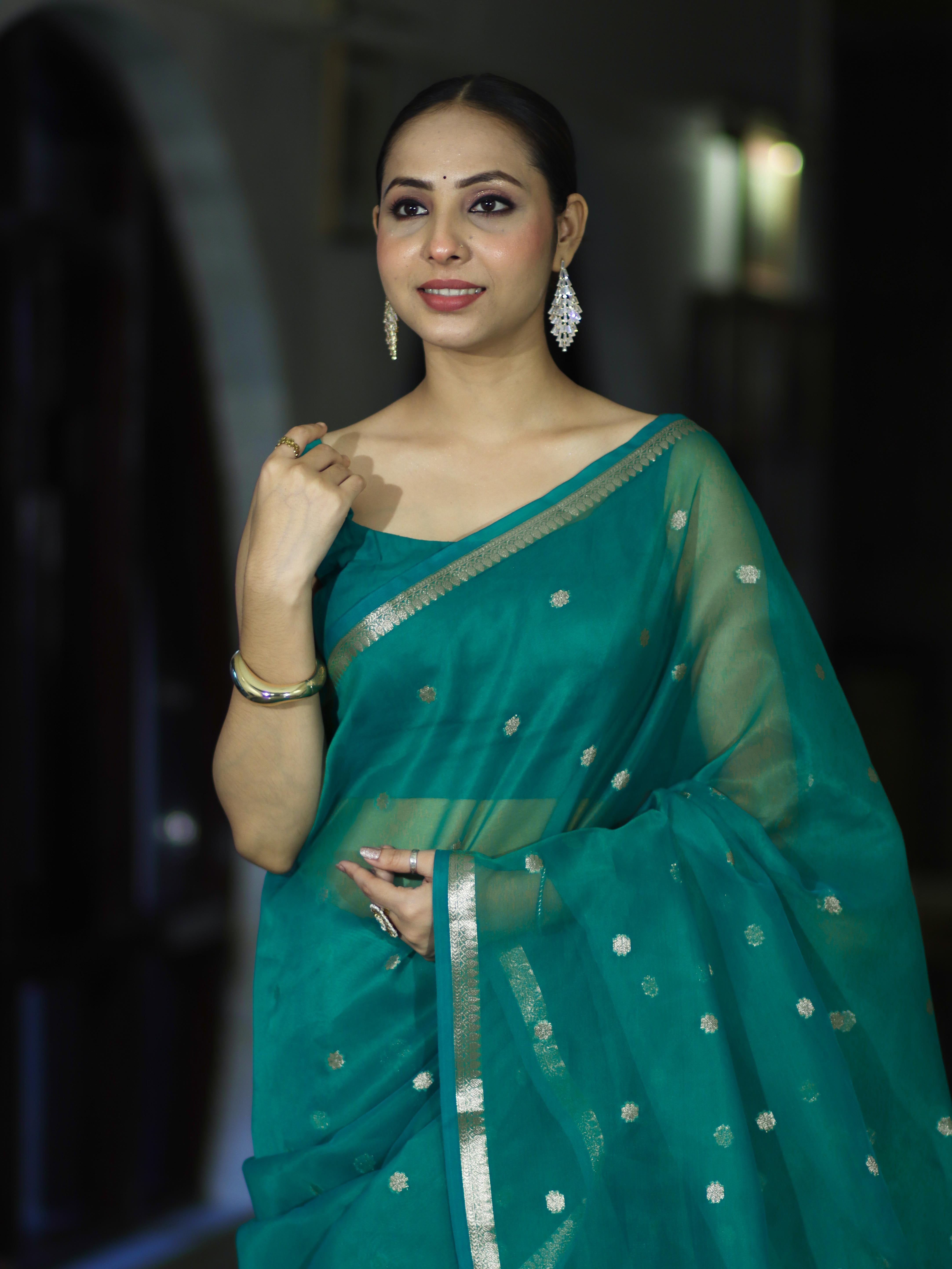 Banarasee Handloom Tissue Saree With Zari Buti Design & Border-Green