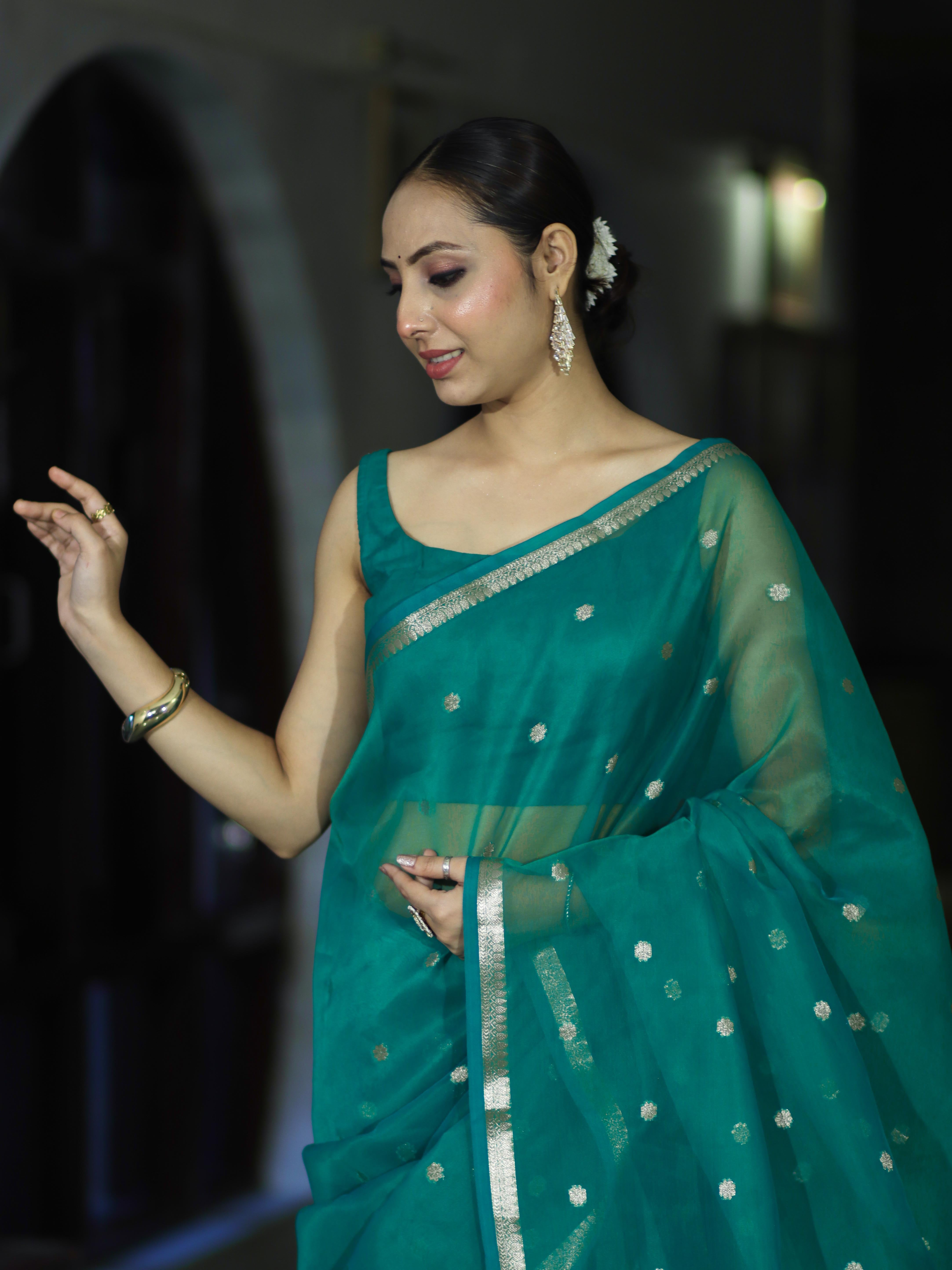 Banarasee Handloom Tissue Saree With Zari Buti Design & Border-Green