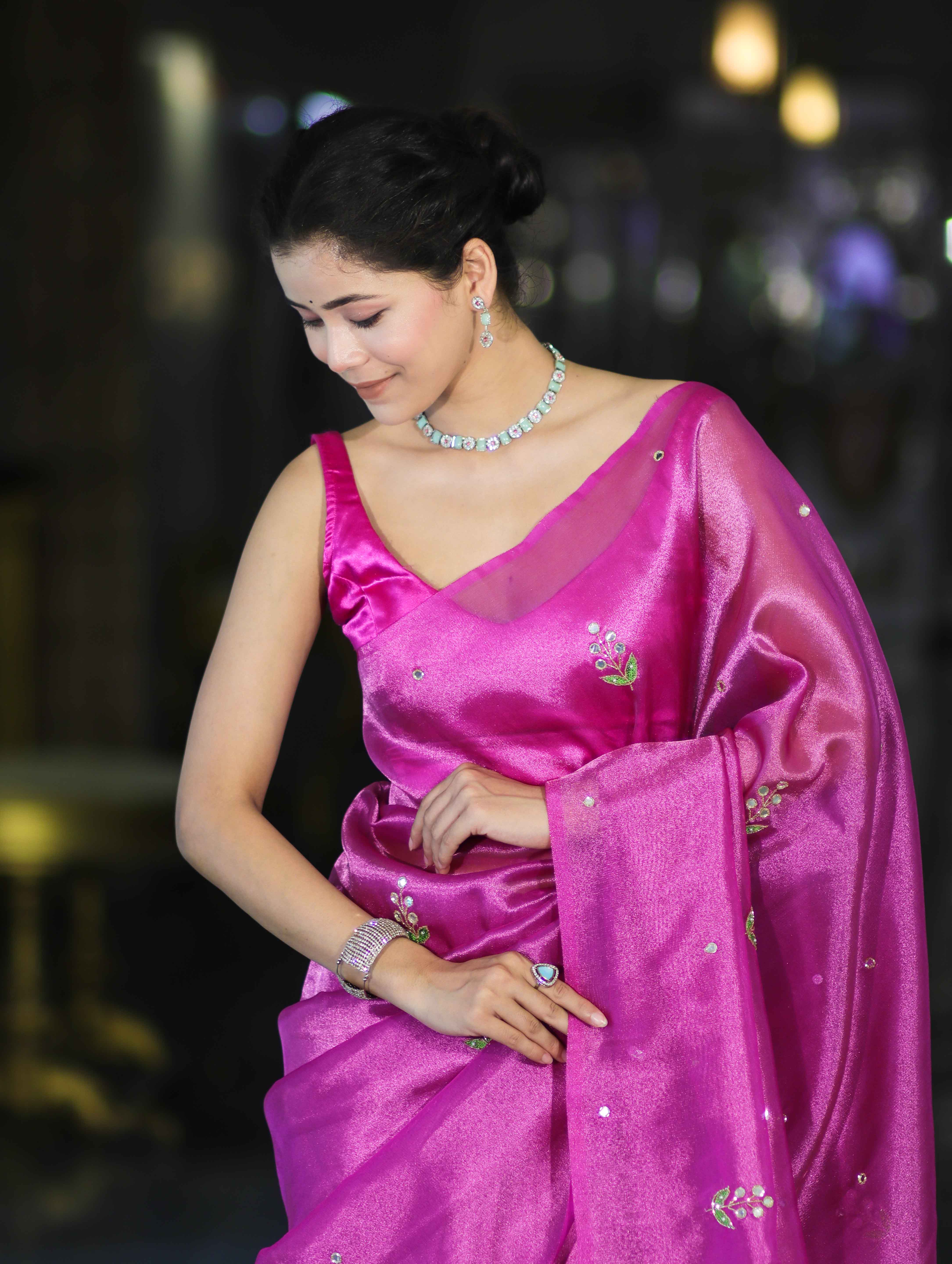 Banarasee Handwoven Tissue Saree With Floral Motifs & Mirror Work-Pink
