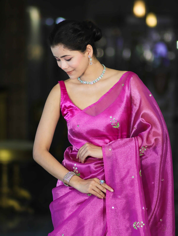 Banarasee Handwoven Tissue Saree With Floral Motifs & Mirror Work-Pink