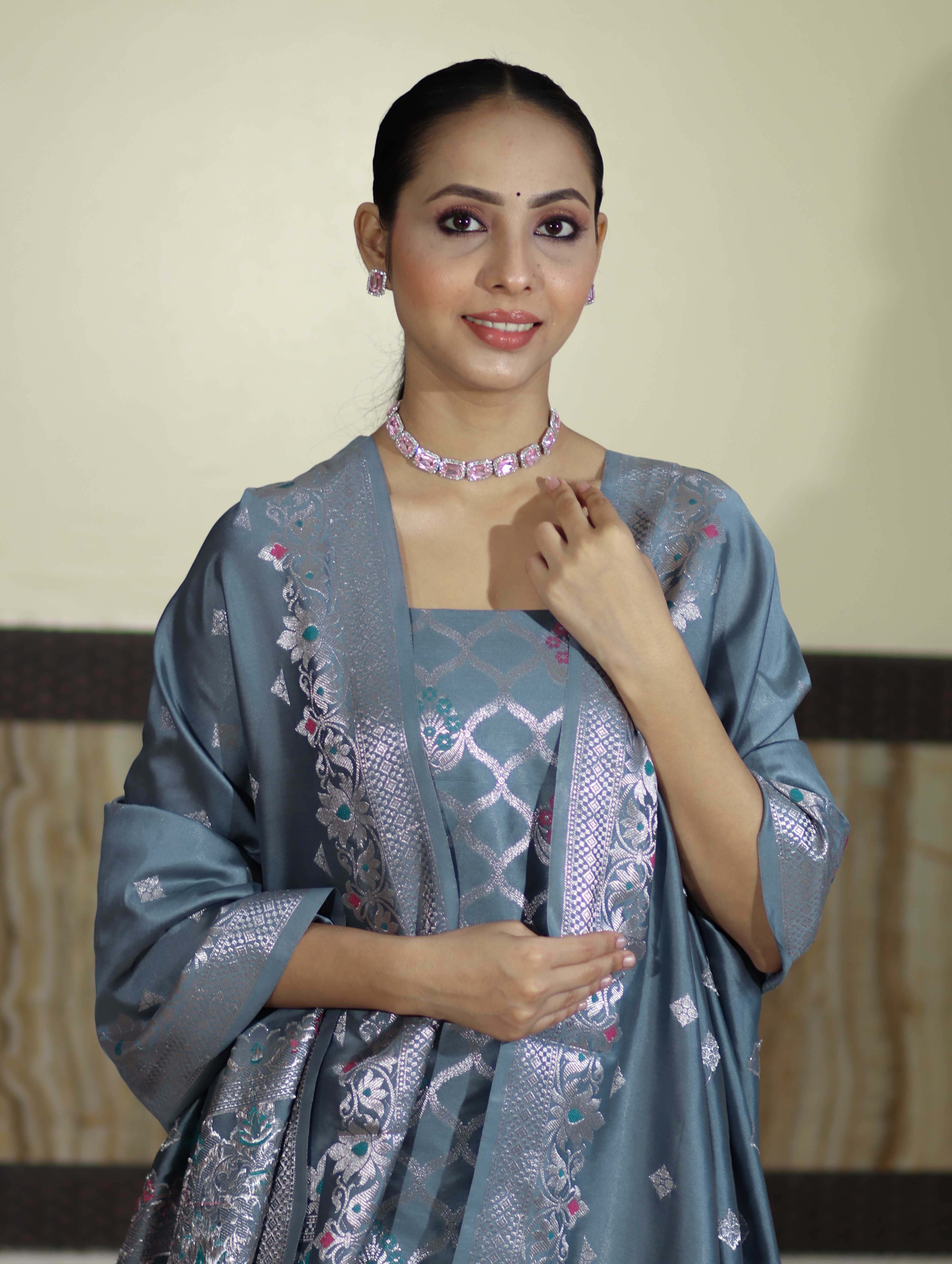 Banarasee Semi-Silk Silver Zari Work Salwar Kameez Fabric With Dupatta Set-Slate Blue