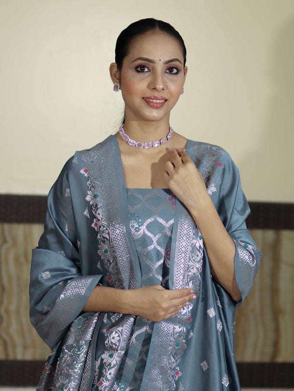 Banarasee Semi-Silk Silver Zari Work Salwar Kameez Fabric With Dupatta Set-Slate Blue