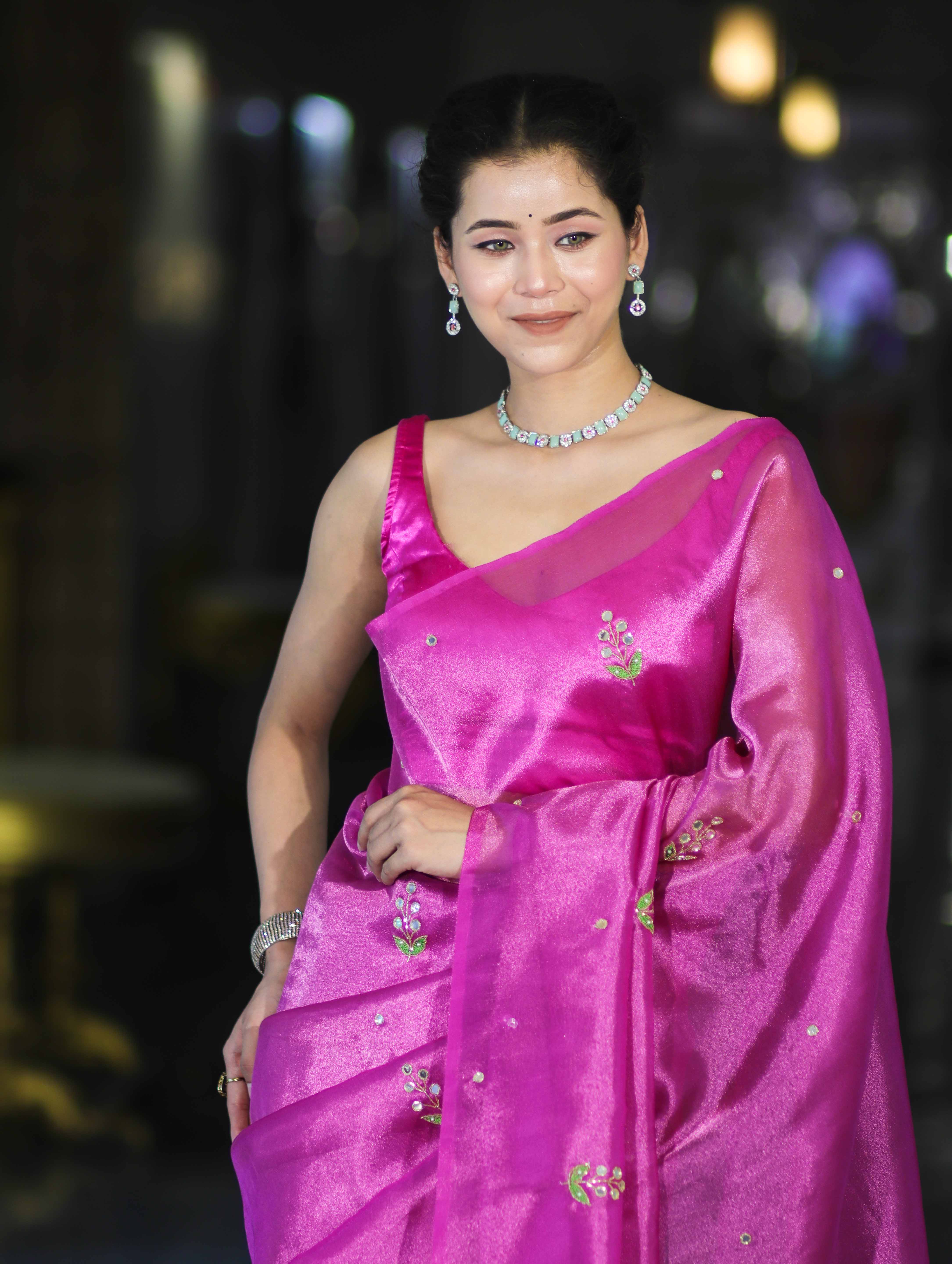 Banarasee Handwoven Tissue Saree With Floral Motifs & Mirror Work-Pink