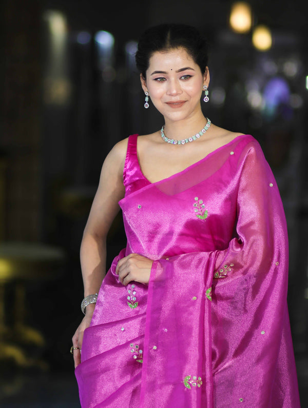 Banarasee Handwoven Tissue Saree With Floral Motifs & Mirror Work-Pink