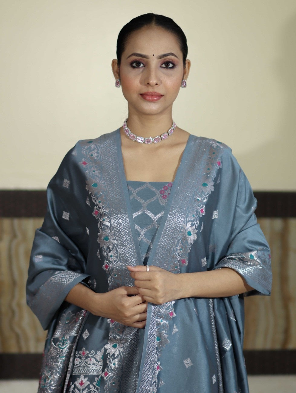 Banarasee Semi-Silk Silver Zari Work Salwar Kameez Fabric With Dupatta Set-Slate Blue