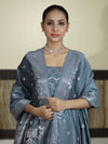 Banarasee Semi-Silk Silver Zari Work Salwar Kameez Fabric With Dupatta Set-Slate Blue