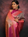 Banarasee Handwoven Broad Border Zari Jaal Design Tissue Saree-Grey & Pink