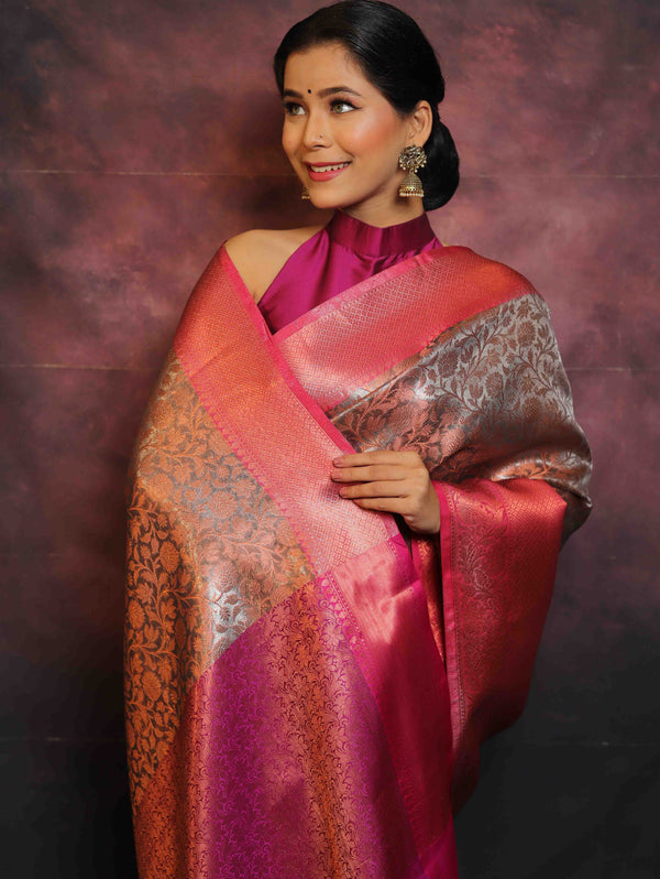 Banarasee Handwoven Broad Border Zari Jaal Design Tissue Saree-Grey & Pink